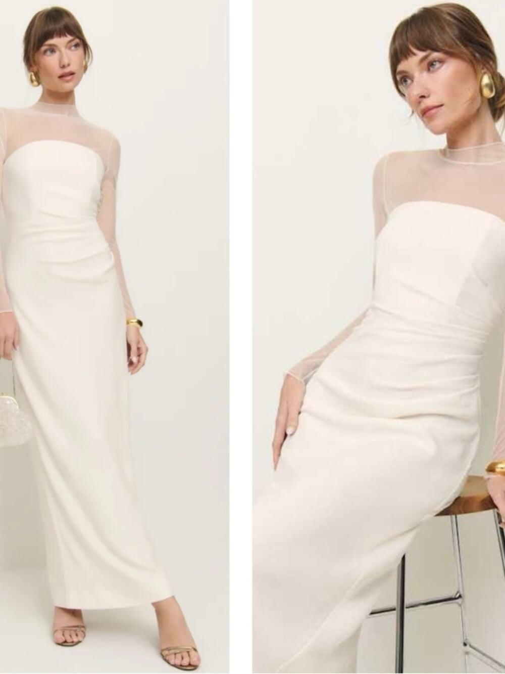 REFORMATION Adalia Sheer Long Sleeve Ruched Column White Maxi Dress Size 4